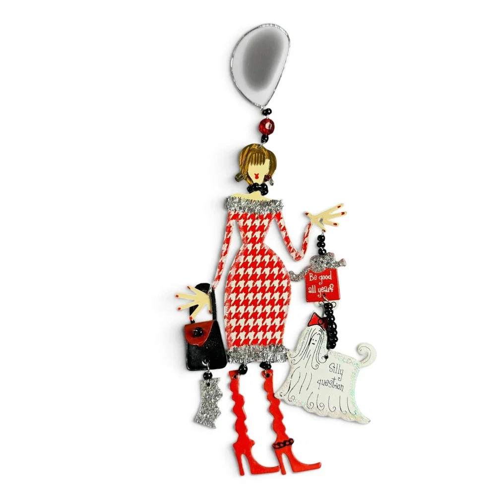Fashionista Lady Houndstooth Dress Christmas Ornament Red White Dog 8.5 Inch